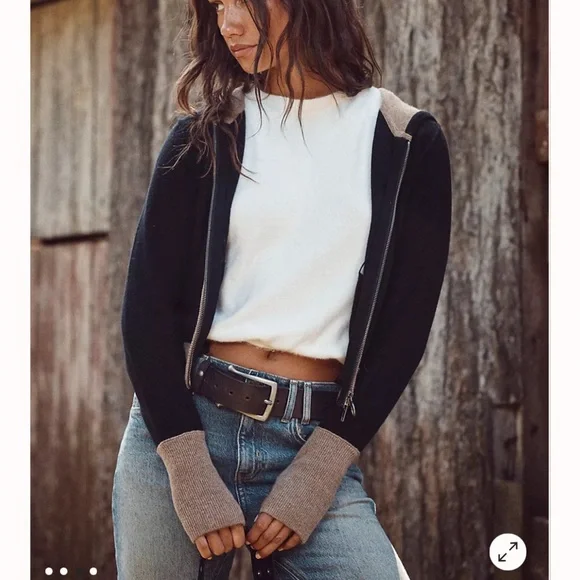 Free People We The Free Bordeaux Cashmere Hoodie sz M Black/Tan - Picture 3 of 6